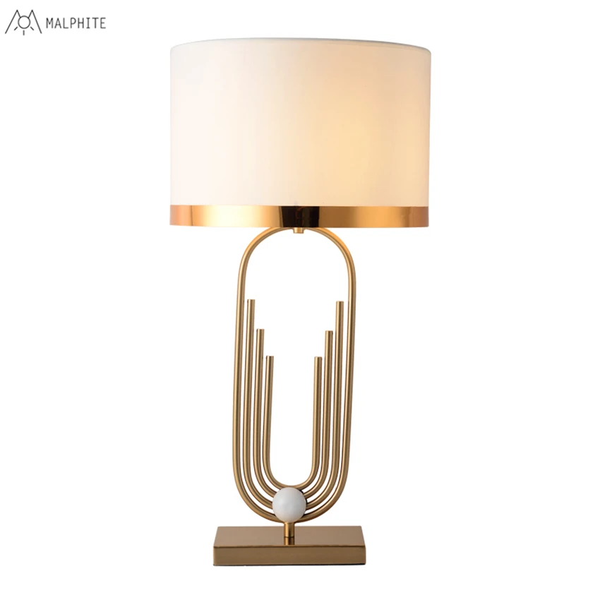 

European Simple gold desk lamp iron art hardware fabric table lamp Luxury personality art bedroom living room white metal lamp