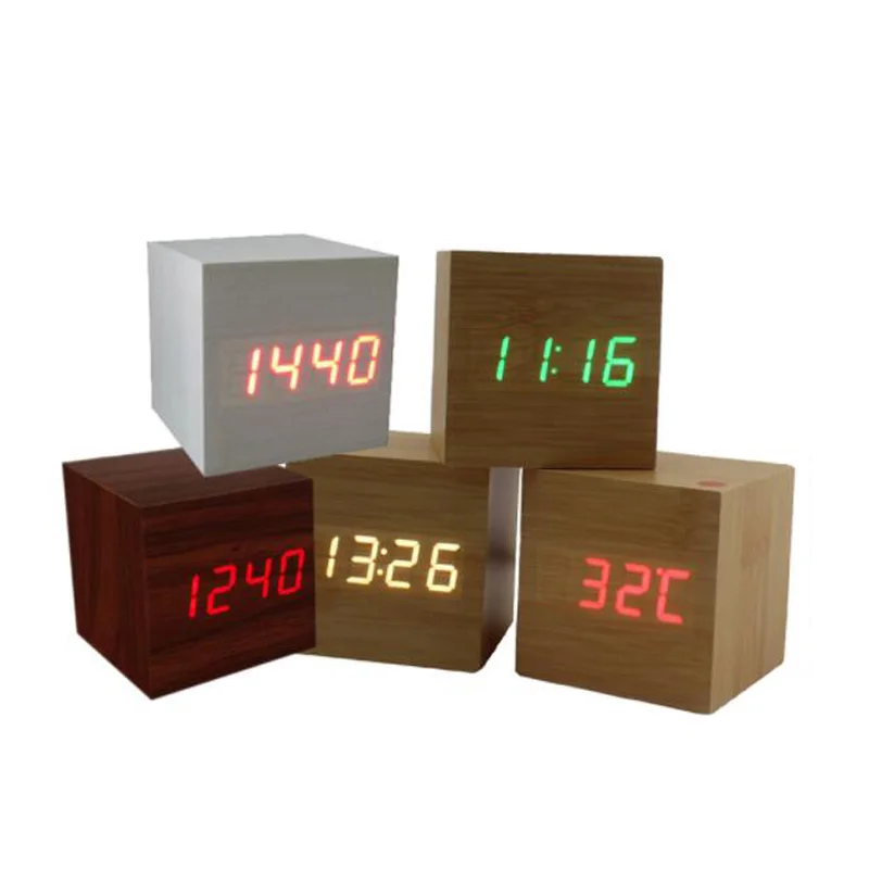 

Multicolor Sound Control Wooden Wood Square LED Alarm Clock Desktop Table Digital Thermometer Wood USB/AAA Date Display