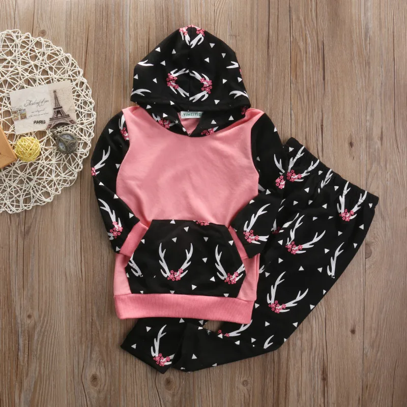 Детская зимняя одежда с длинными рукавами для девочек детские комплекты со штанами с цветочным рисунком для девочек Футболка с принтом топы и штаны комплект одежды из 2 предметов для девочек, 2, 3, 4, 5 лет
