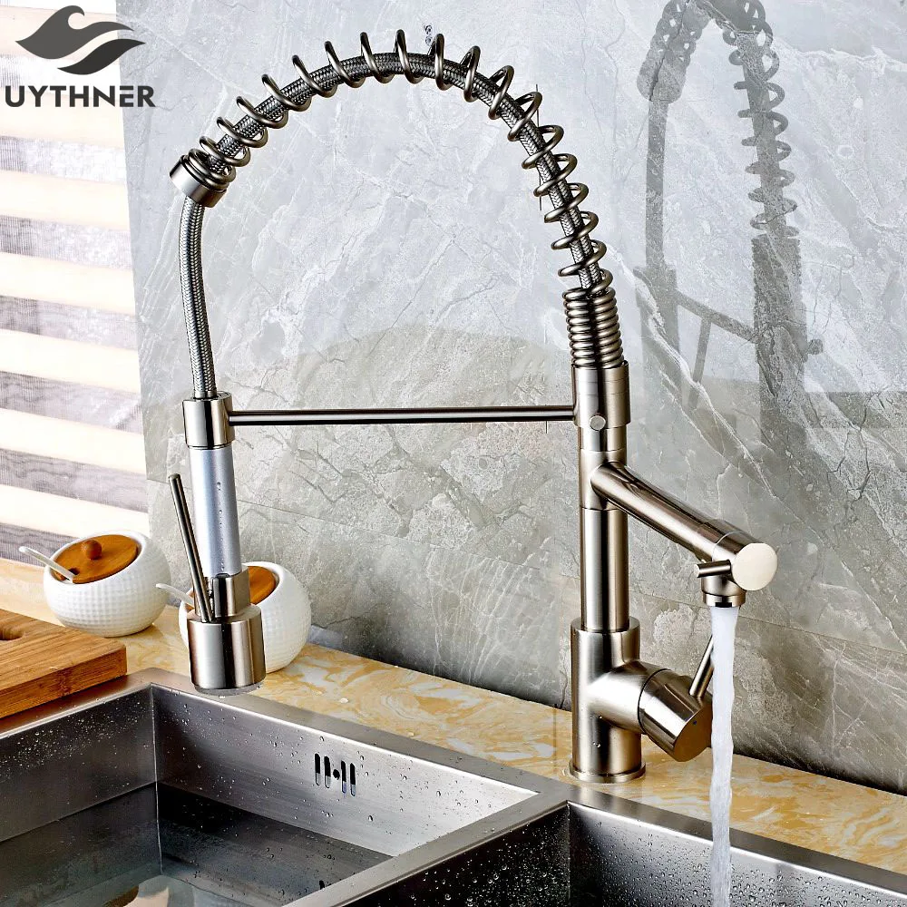

Uythner Deck Mount Brushed Nickel Kitchen Faucet LED Color Changing Swivel Spout Vessel Sink Mixer Tap