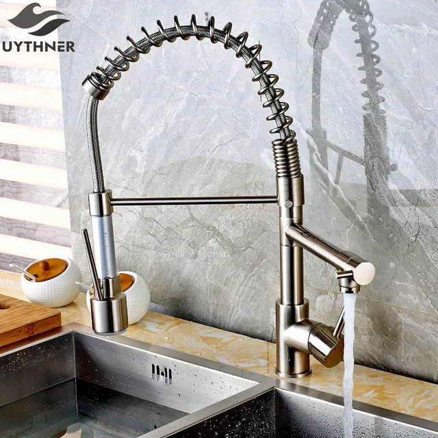 Best Quality Uythner Deck Mount Brushed Nickel Kitchen Faucet LED Color Changing Swivel Spout Vessel Sink Mixer Tap