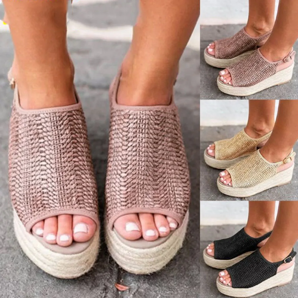 

Summer Women Straw Wadge Sandals Fashion Female Beach Wedge Heels Comfortable Platform Shoes Bohemia Open Toe Solid Color Sandal