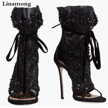 

Young Girls Luxury Brand Black Lace-up Mesch Sandal Boots Peep Toe String Beaded Sandals Stiletto Heel Lace Wedding Shoes Bootie