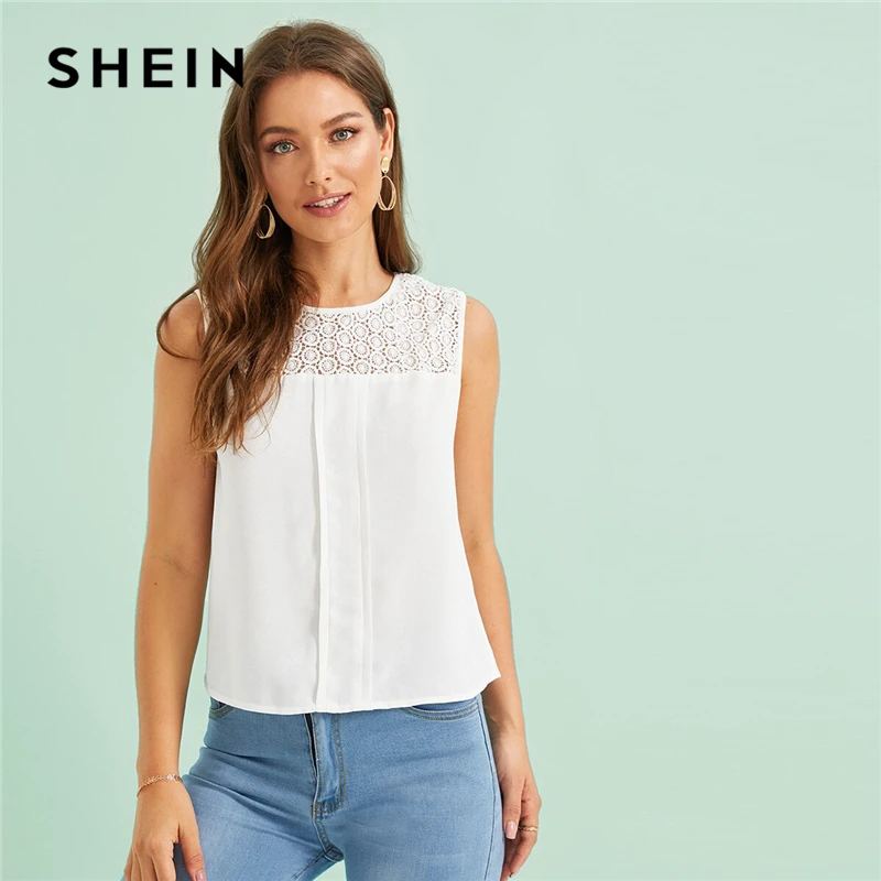 

SHEIN White Solid Lace Insert Pleated Front Elegant Tank Top Women 2019 Summer Sleeveless Sheer Offiece Ladies Blouses And Tops