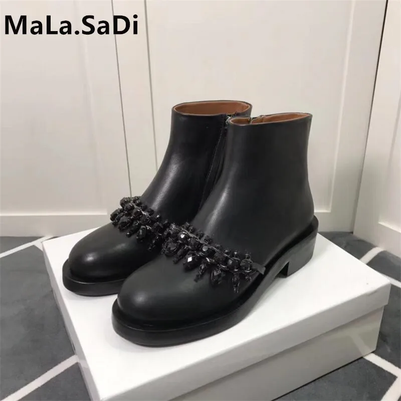 Черные ботильоны со стразами и цепочкой женские Ботинки Martin из натуральной кожи