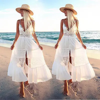 

2018 Women Summer Boho Long Midi Dress Deep V Neck Sleeveless Evening Party Beach Dress Floral Sexy White Dress Sundress