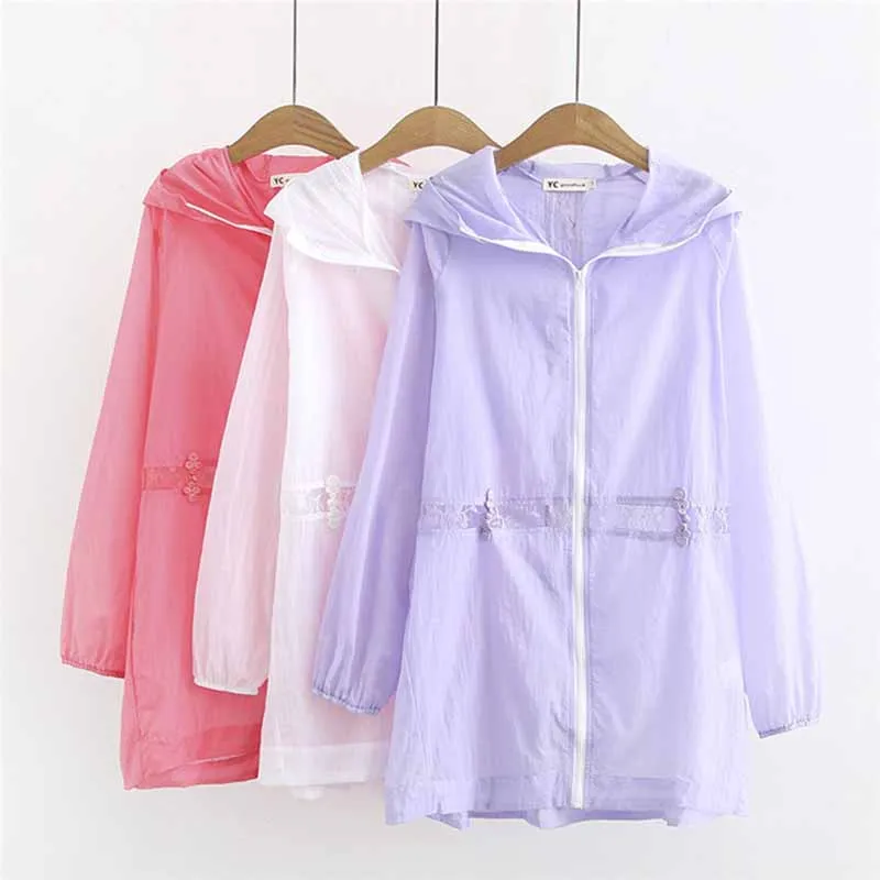 

Large size Women's Summer Thin Windbreaker Long sleeve Lace Splice Hooded Sun protection clothing Female Anti-UV Trench Coat G18