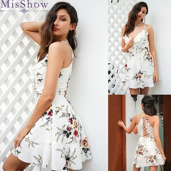 

Sexy Sweet Floral Ruffles Beach Style Summer Women Dresses 2019 V-Neck Spaghetti Strap Mini Dress Back Strap White Vestidos