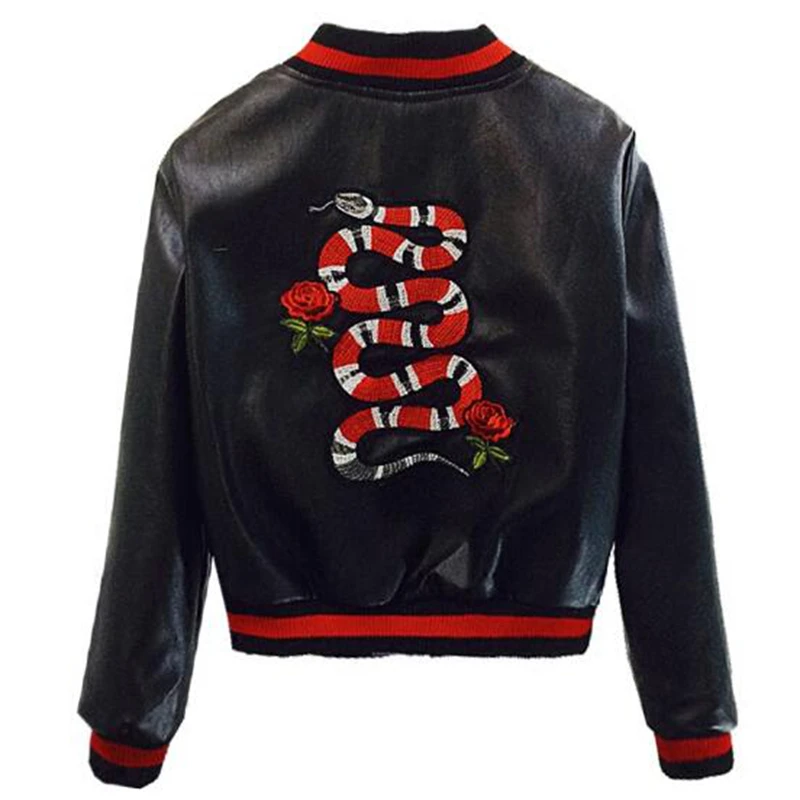 

2018 Fall Women's Leather Color Leather Jacket Short Red Snake PU Embroidered Locomotive Slim Jacket