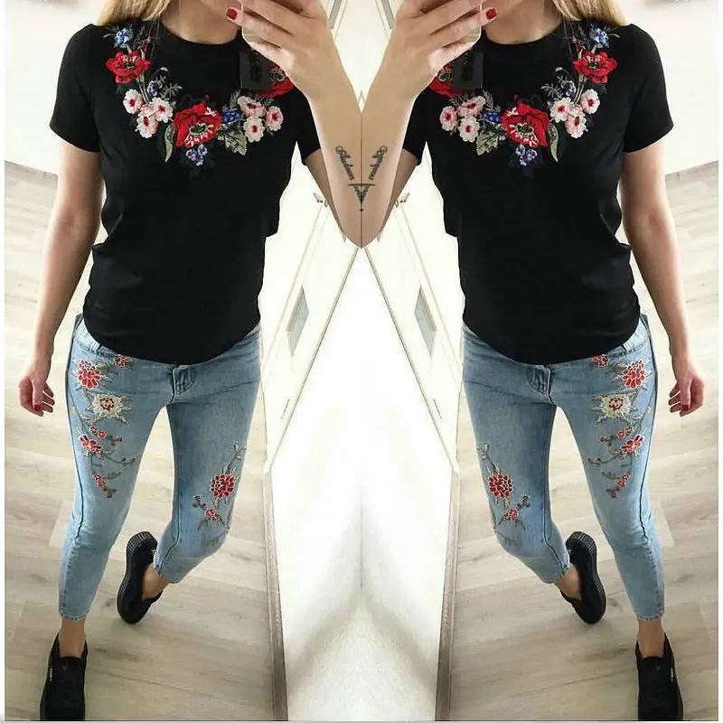 S-XL летняя новинка Европейская и американская Цветочная вышивка круглый вырез