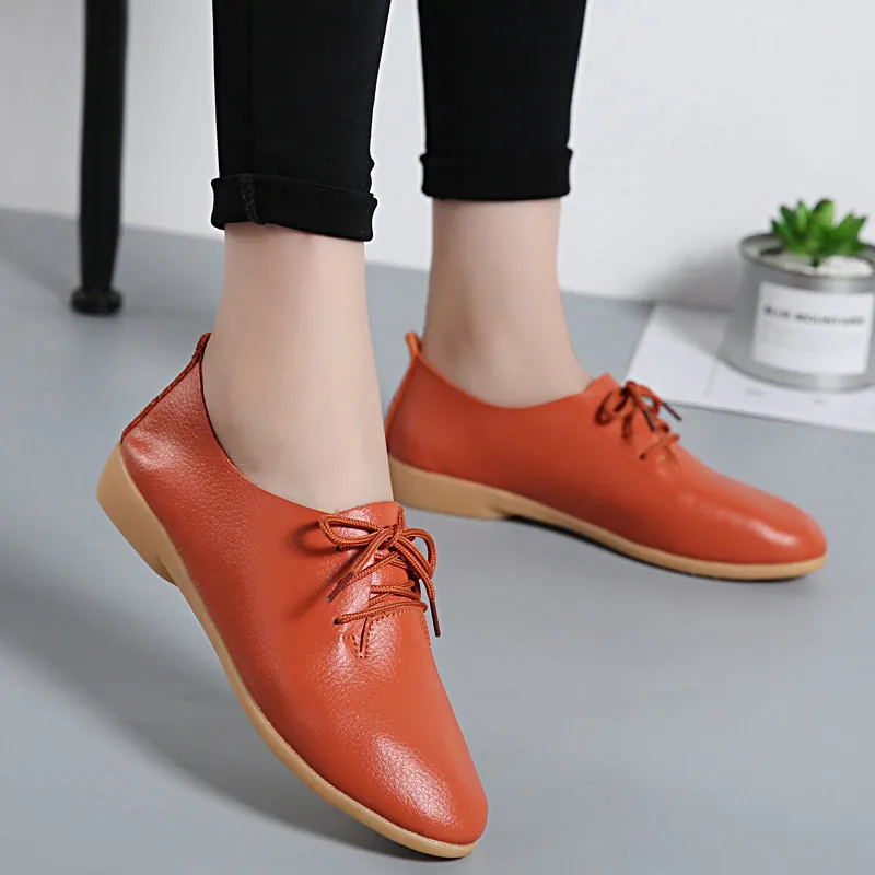 Женская Повседневная обувь; коллекция года; модная повседневная обувь из натуральной кожи на плоской подошве; женская однотонная обувь на плоской подошве со шнуровкой; удобная женская обувь для мам - Цвет: Orange