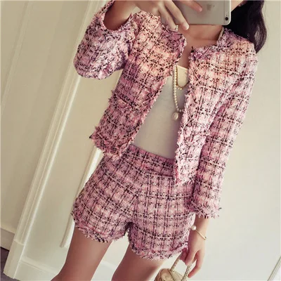 

Autumn winter women's set plaid short set fringed trim jacket coat + tassels shorts suit set fashion casual two pieces set