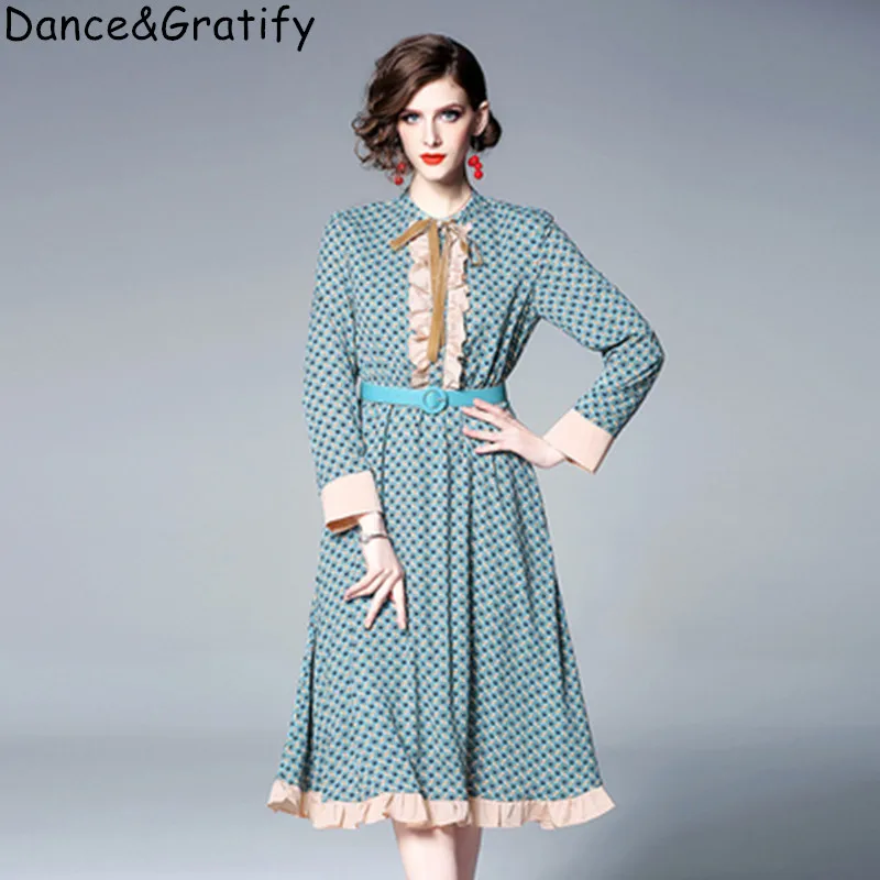

European style 2019 women vintage dot runway dress plus size XXL women Ruffles Patchwork Office Work Chic dress