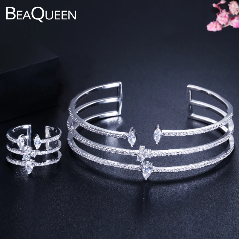 

BeaQueen New Fashion Cubic Zirconia 3 Round Adjustable Cuff Bracelet Bangle and Ring Sets Women Engagement Party Jewelry JS190