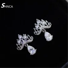 Luxury Wedding 925 Sterling Silver Fine Jewelry Earrings Crown Water Drop Cubic Zirconia Stud Earrings For Women Pendientes E127