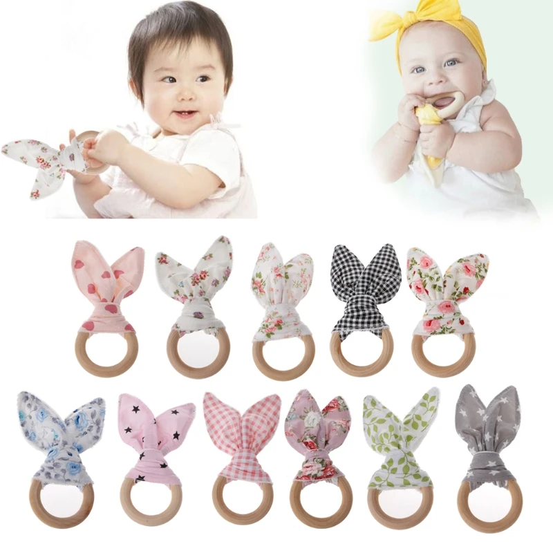 

Handmade Baby Teether Wooden Circle with Fabric Natural Baby Teething Ring Chewing Teether Rabbit Ears Sensory Teether Toy