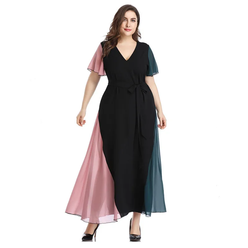 

2019 Summer Dress Big Size XL-5XL Contast Color Patchwork V Neck Short Sleeve Ankle Length Long Dress Woman HY88075