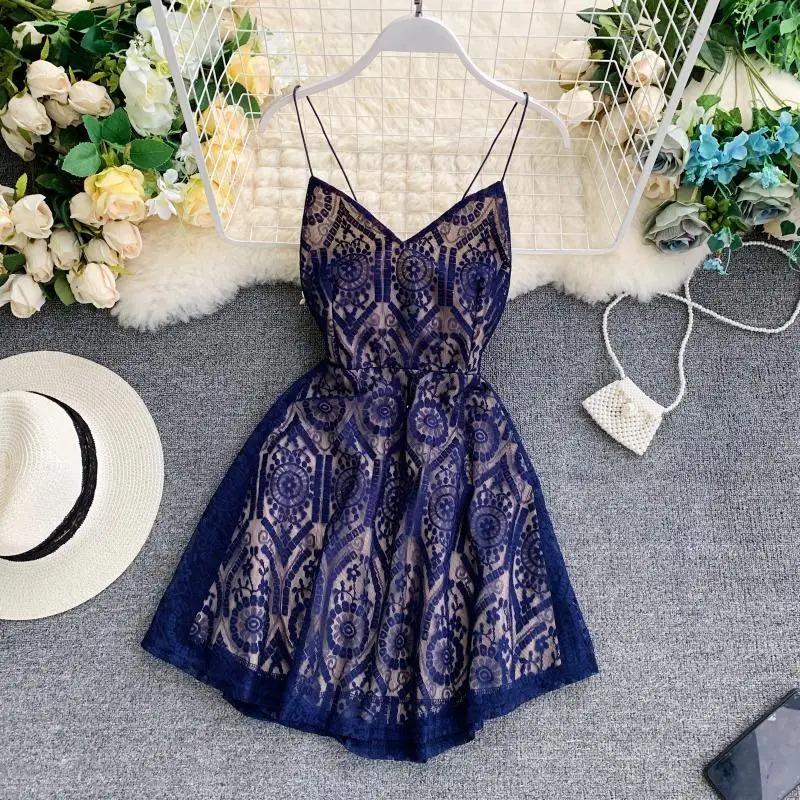 

Holiday Style Exposed Back Women Dress V Collar Sleeveless Lace Dress white black blue