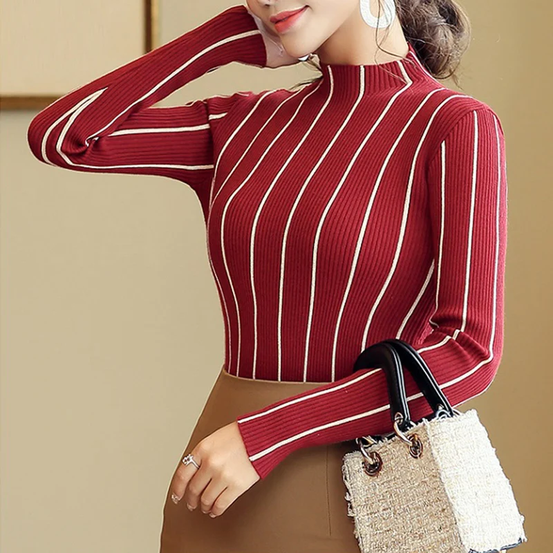

2018 Winter Clothes Women Long Sleeve Striped Thick Sweaters Pullovers Vintage Turtleneck Christmas knitted Sweater Pull Femme