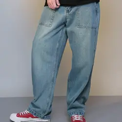Мужчины скейтбордист свободный крой мешковатые джинсы хип-хоп большой карман широкие брюки Винтаж-промытый светло-голубой