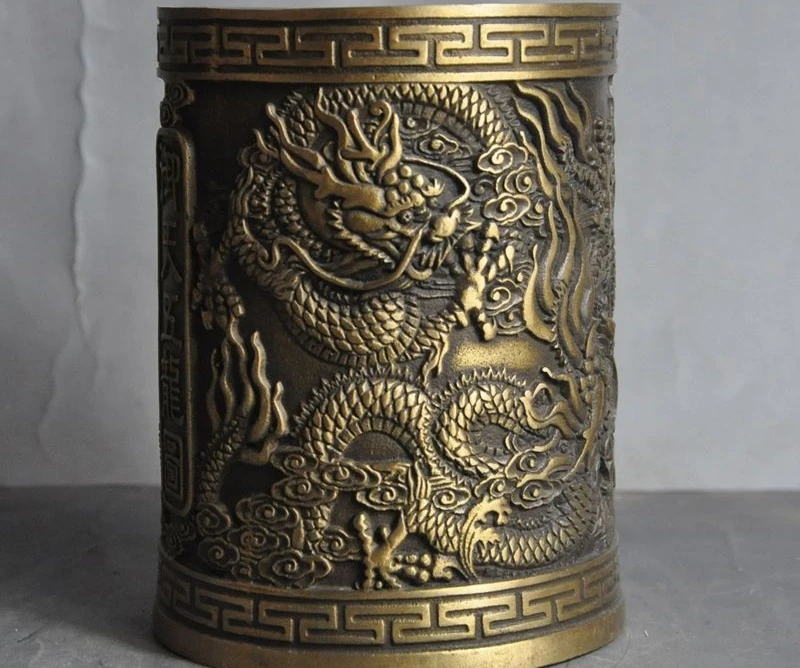 Chinese old antique brass statue hand made Dragon Pen container Brush Pot