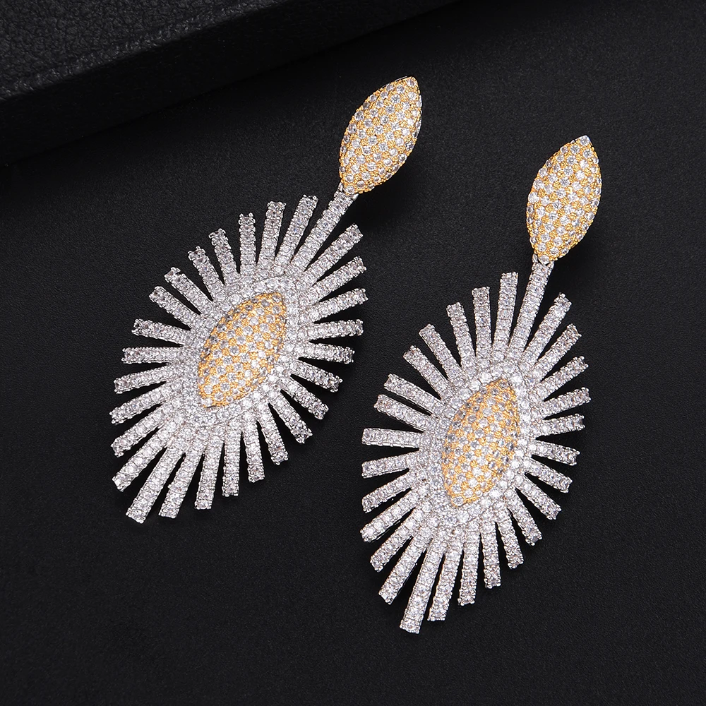 

66mm Bicolors Geometry Oval Drop Dangle Long Earrings For Women Wedding Bridal Jewelry