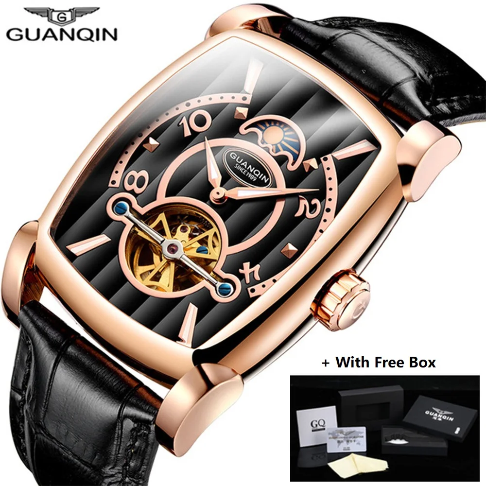 Hot GUANQIN Brand Mechanical Watches Men Luxury Tourbillon Skeleton Automatic Watch Rectangle Leather Gold Male Clock Man 2018 Hot GUANQIN Brand Mechanical Watches Men Luxury Tourbillon Skeleton Automatic Watch Rectangle Leather Gold Male Clock Man 2018
