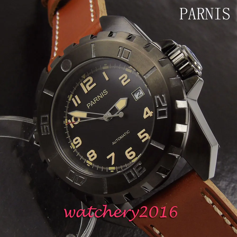 

44mm Parnis black dial PVD case date mineral crystal automatic movement Men's Watch