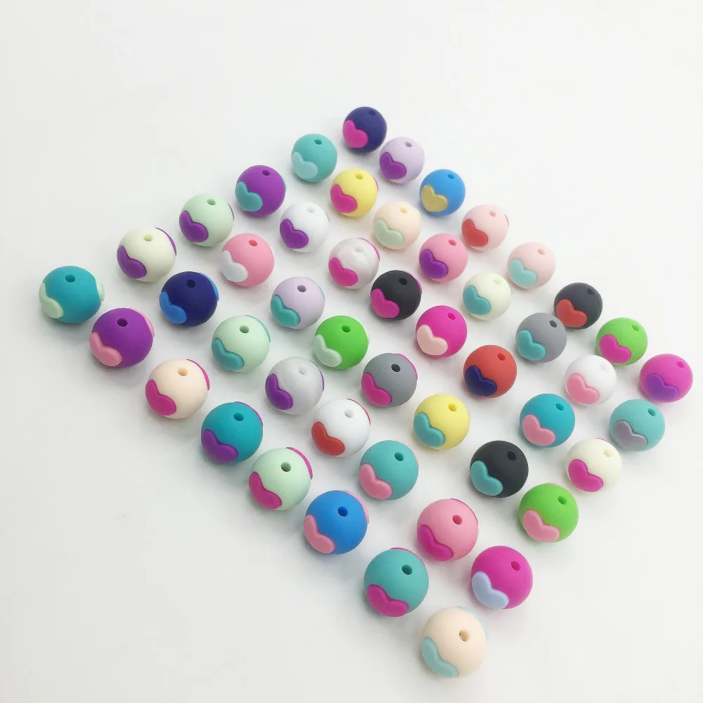 

50pcs/lot Silicone Round bead with rainbow heart bead for baby chew BPA free Silicone Loose bead with heart