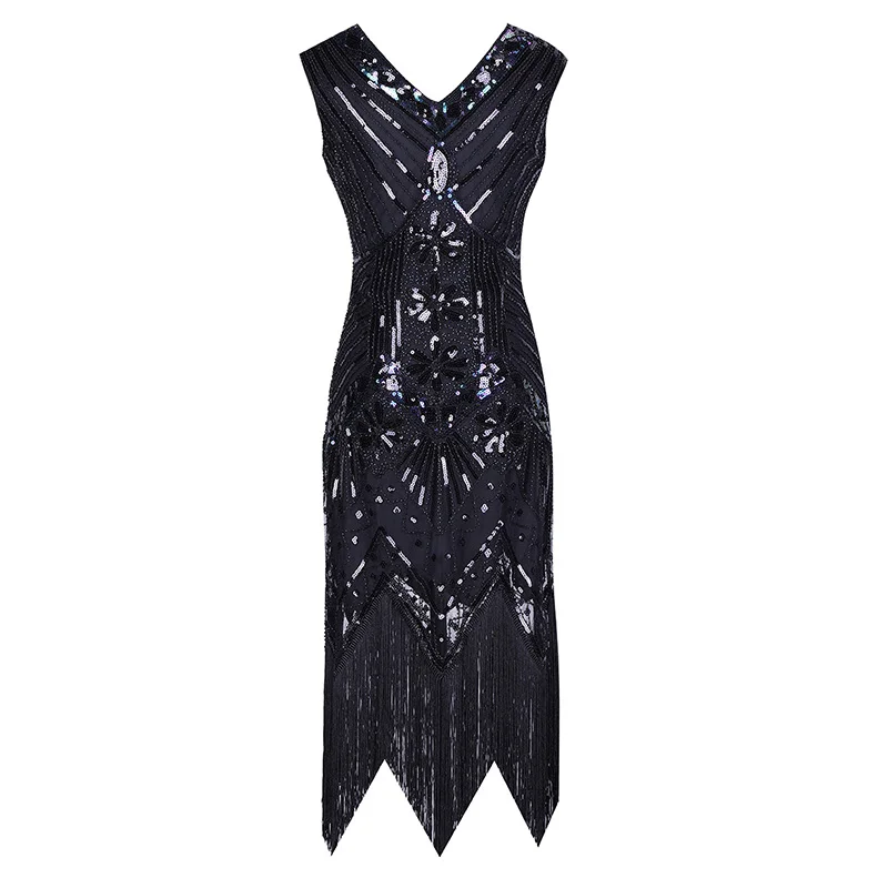 black dress 1920s Flapper платье Great Gatsby вечерние платья с блестками и бахромой - Цвет: black dress