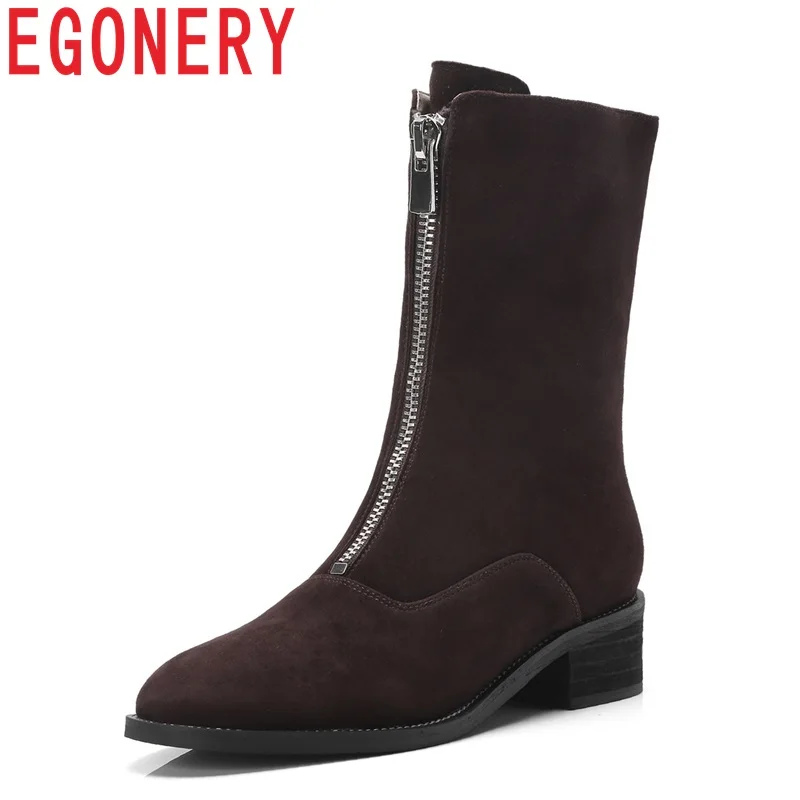 

EGONERY 2018 newest cow suede women shoes round toe zipper med square heels black and brown concise leisure mid calf boots