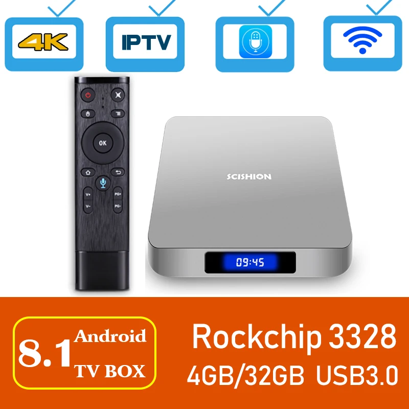 

SCISHION AI ONE Smart TV Android TV Box 8.1 RK3328 Quad Core 4GB/32GB 2.4G WiFi BT4.0 With 2.4G Voice Remote Contro