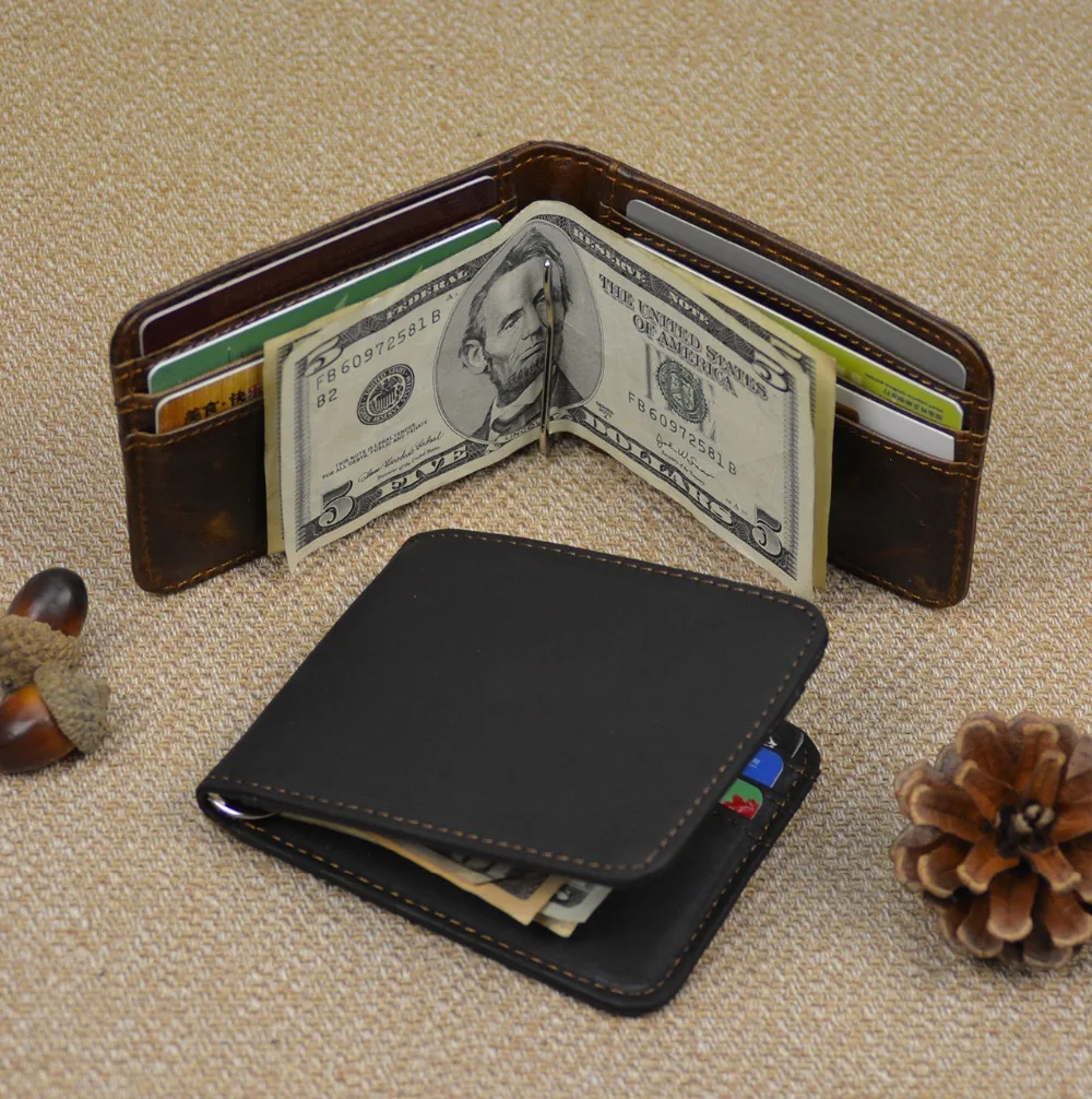  Men's genuine Leather Money Clip Brown cow leather short wallet Slim cash clamp pocket wallet Bifold Leather purse card case 