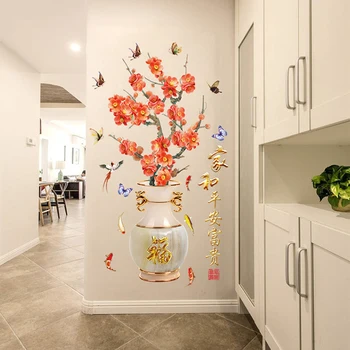 

Chinese Plum Flowers Birds Butterfly Stickers Muraux Elegant Retro china Vase Fu Pattern 3d Wall Sticker Window Home Decor XN191