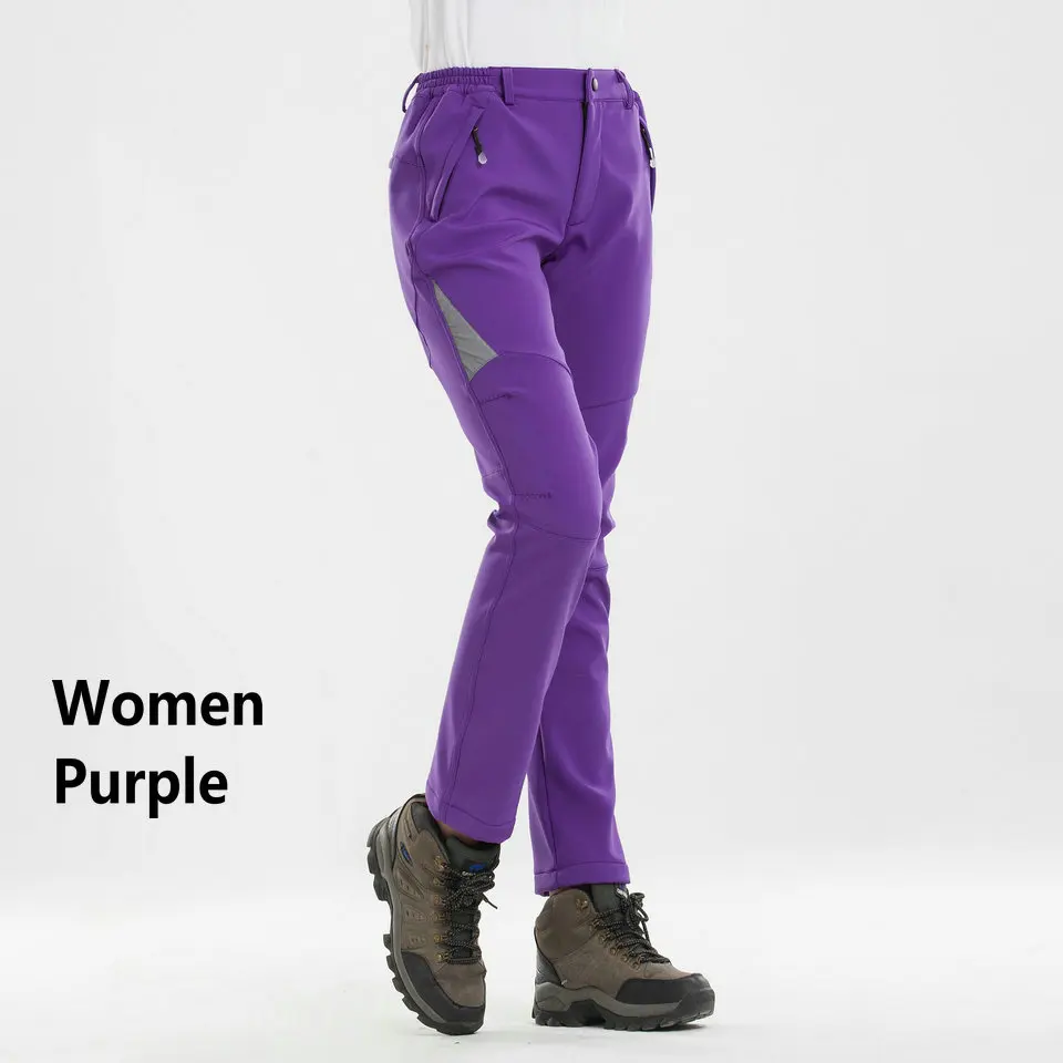 Зимние женские плотные теплые флисовые софтшелл штаны для отдыха на природе, рыбалки, кемпинга, походов, треккинга, водонепроницаемые ветрозащитные брюки H008 - Цвет: Purple
