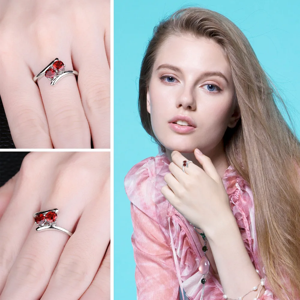 JewelryPalace Fashion 0.95ct Natural Red Garnet 2 Stone Wedding Bands Rings For Love 925 Sterling Silver Round Ring Fine Jewelry