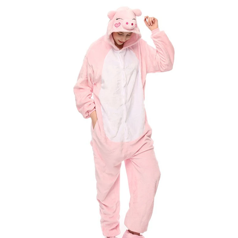НОВЫЕ Женщины Сладкая Пижама Унисекс Взрослых Животных Панда Единорог Пижамы Зима Женщины С Капюшоном Мультфильм Пижамы Фланелевые Пижамы Onesie - Цвет: Pink Pig