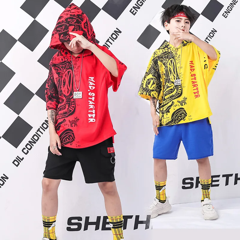 

Red Yellow Unisex Short Sleeve Hip Hop Hoodie Sweatshirt And Shorts Set For Boys Girls Kids Teenage Summer Clothing