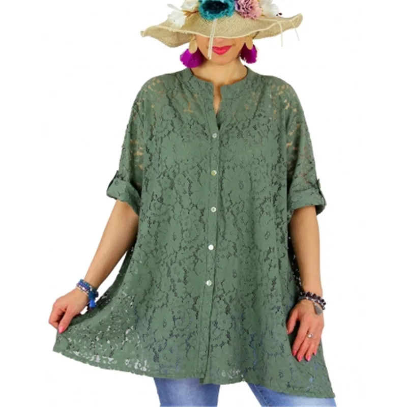 Large size women's blouse 2019 new openwork flower lace sleeveless shirt S-5XL