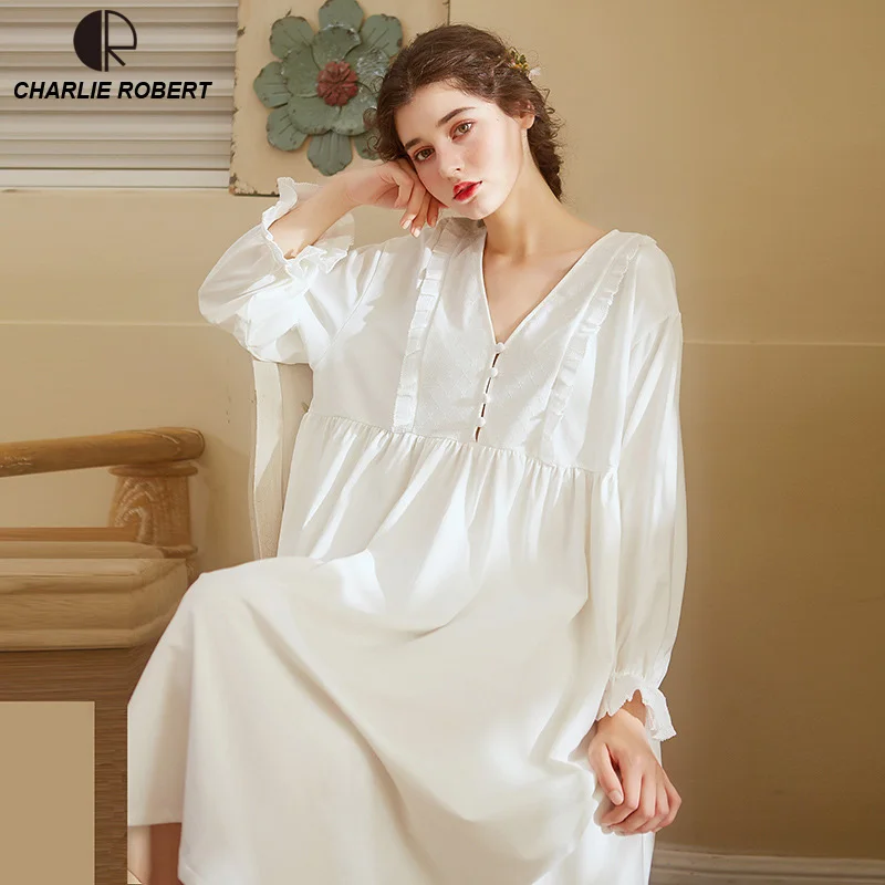 

Noble Sleepwear Cotton Dress Gown Elegant Nightgown Vintage Long Dress Long Sleeve White Night Dress Home Clothes For Women