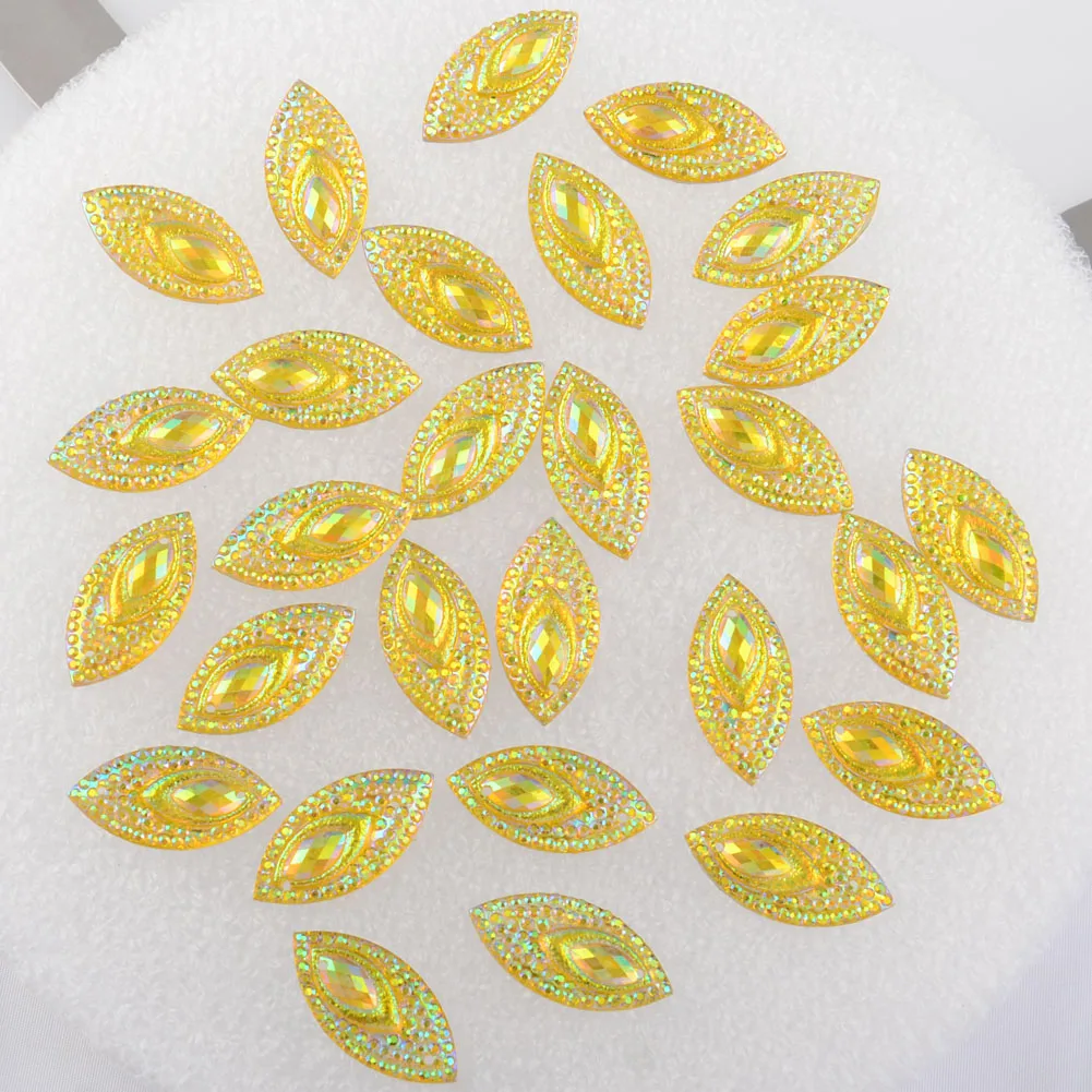 

BOLIAO 20Pcs 11*22 mm (0.43*0.87 in) AB Color Horse eye Shape Yellow Resin Flatback Sew On Clothes/Home Decor Crafts DIY