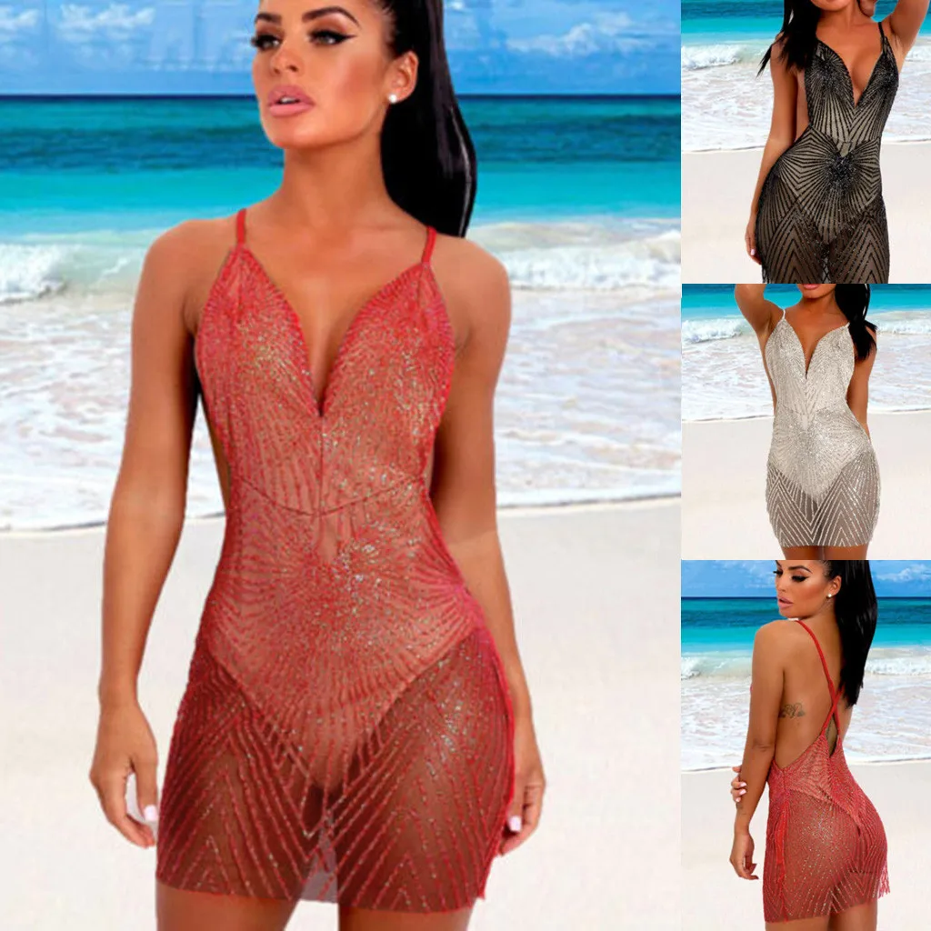 

Womail strand jurkjes Cover Up Women Summer Sequins Mesh Bikini Cover Up Swimwear Bathing Suit Beach Dress Swimwear W30423