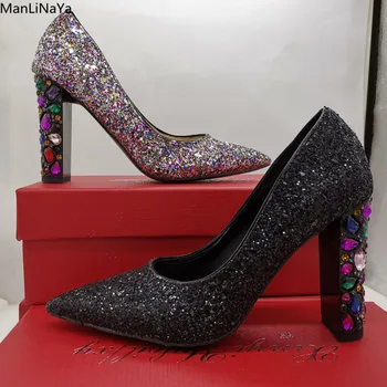 

New Colorful Crystal Square Heel Women Shoes Sequined Cloth Pointed Toe High Heels Inner Material Genuine Leather Ladies Pumps