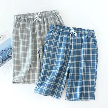 

2020 Summer Men cotton sleep bottoms Male plus size nighty trousers sleepwear pyjama Men Casual loosen Plaid pajama half pants