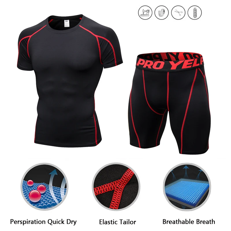 Goedkoop Compressie Jogging Korte Mouwen Tops Shorts Trainingspak Fitness Strakke Running Set T shirt Leggings Heren Sportkleding Gym Sport Pak