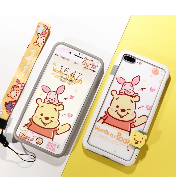 Bling winnie bear задняя Передняя закаленная стеклянная пленка для экрана iPhone 8 7 6 6s plus, для iPhone Xs/8 plus ударопрочный бампер+ ремешок