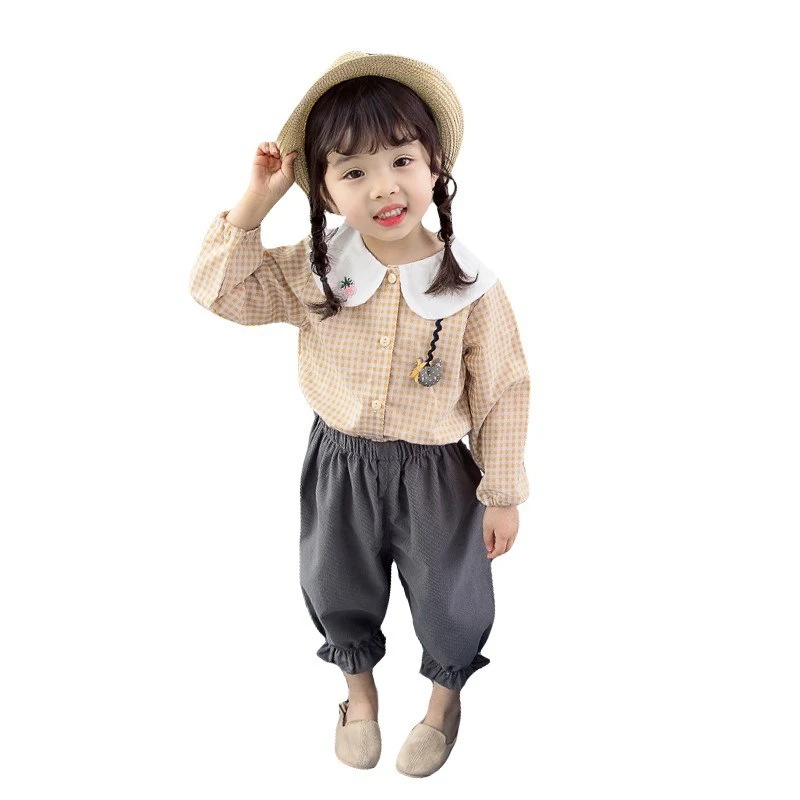 

2019 Spring AutumnNew Arrivals Baby Girl Fashion Casual Long Sleeve Plaid Blouse Tops+trousers Two-piece Party Children's Suit