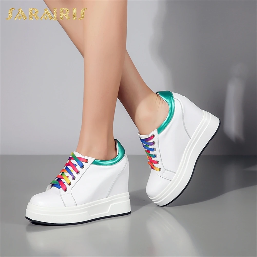 

SARAIRIS 2018 Genuine Leather wholesale dropship Lace Up Sneaker Woman Shoes High Heels Platform Vulcanize Shoes Woman