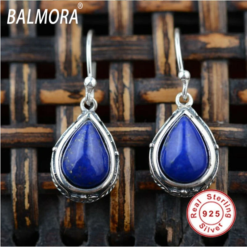 Retro style 100 real 925 sterling silver jewelry dark blue lapis lazuli elegant water drop earrings