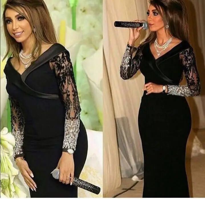 

Saudi Arabia Long Black Evening party gown Beadings Sexy Prom Gown 2018 lace Mother of the Bride Dresses With long sleeve